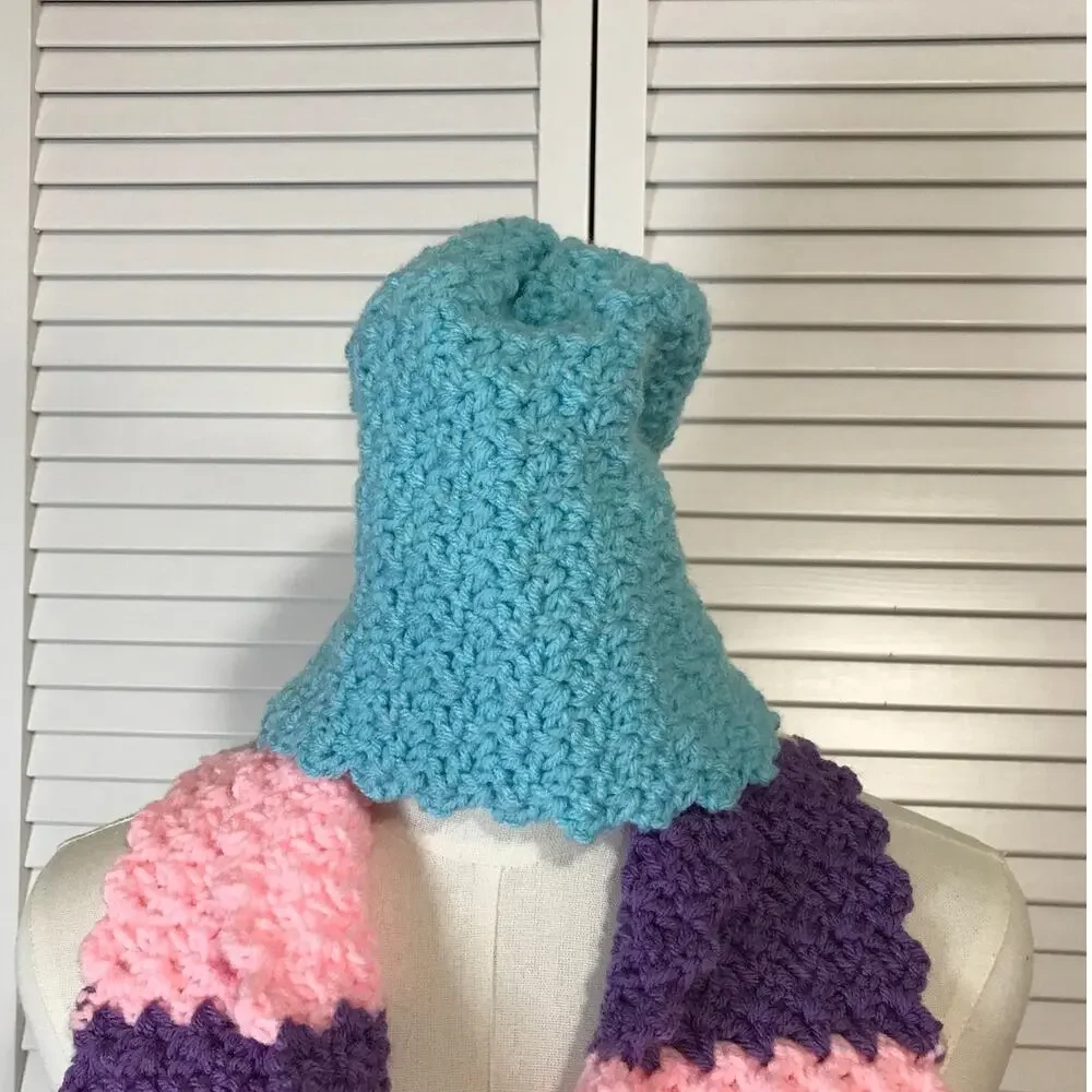NWT Handmade Crochet Textured Winter Pastel Theme Scarf 67” & Beanie
